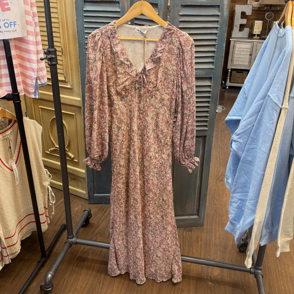 In Loom Ruffled Vintage Light Pink Floral Maxi Dress